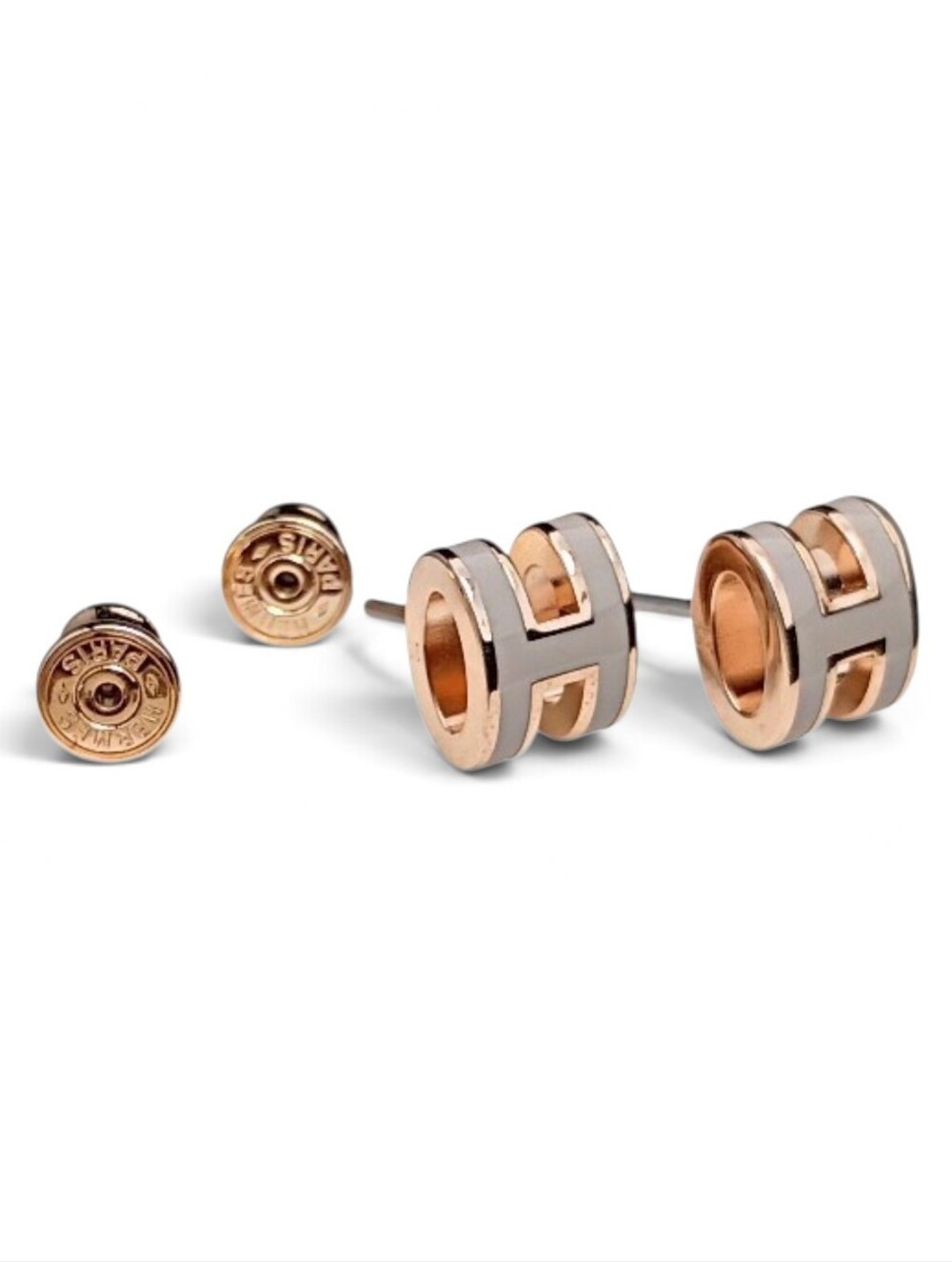 HERMES Pop Marron Ash Gray Glace` Mini Pop H Rose Gold Earrings